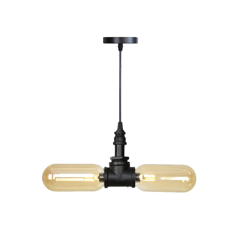 2 Bulbs Ceiling Chandelier Industrial Coffee House Suspension Lamp with Globe/Capsule Amber Glass Shade in Black Clearhalo 'Ceiling Lights' 'Chandeliers' 'Glass shade' 'Glass' 'Industrial Chandeliers' 'Industrial' 'Middle Century Chandeliers' 'Tiffany' Lighting' 737502