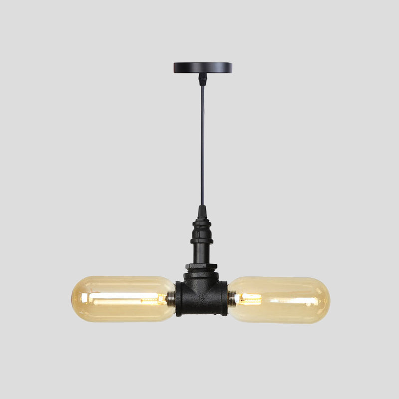2 Bulbs Ceiling Chandelier Industrial Coffee House Suspension Lamp with Globe/Capsule Amber Glass Shade in Black Clearhalo 'Ceiling Lights' 'Chandeliers' 'Glass shade' 'Glass' 'Industrial Chandeliers' 'Industrial' 'Middle Century Chandeliers' 'Tiffany' Lighting' 737503