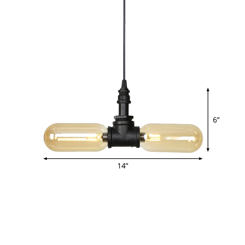 2 Bulbs Ceiling Chandelier Industrial Coffee House Suspension Lamp with Globe/Capsule Amber Glass Shade in Black Clearhalo 'Ceiling Lights' 'Chandeliers' 'Glass shade' 'Glass' 'Industrial Chandeliers' 'Industrial' 'Middle Century Chandeliers' 'Tiffany' Lighting' 737504