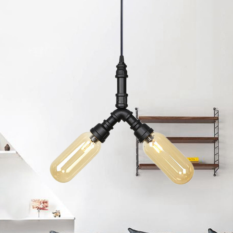 2 Bulbs Ceiling Chandelier Industrial Coffee House Suspension Lamp with Globe/Capsule Amber Glass Shade in Black Black D Clearhalo 'Ceiling Lights' 'Chandeliers' 'Glass shade' 'Glass' 'Industrial Chandeliers' 'Industrial' 'Middle Century Chandeliers' 'Tiffany' Lighting' 737505