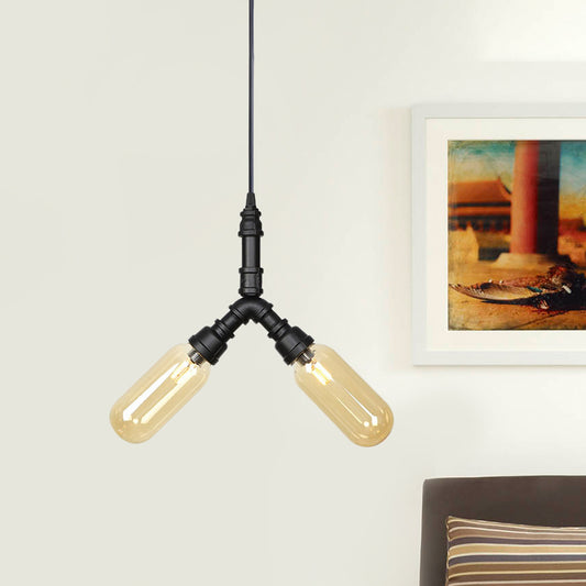 2 Bulbs Ceiling Chandelier Industrial Coffee House Suspension Lamp with Globe/Capsule Amber Glass Shade in Black Clearhalo 'Ceiling Lights' 'Chandeliers' 'Glass shade' 'Glass' 'Industrial Chandeliers' 'Industrial' 'Middle Century Chandeliers' 'Tiffany' Lighting' 737506