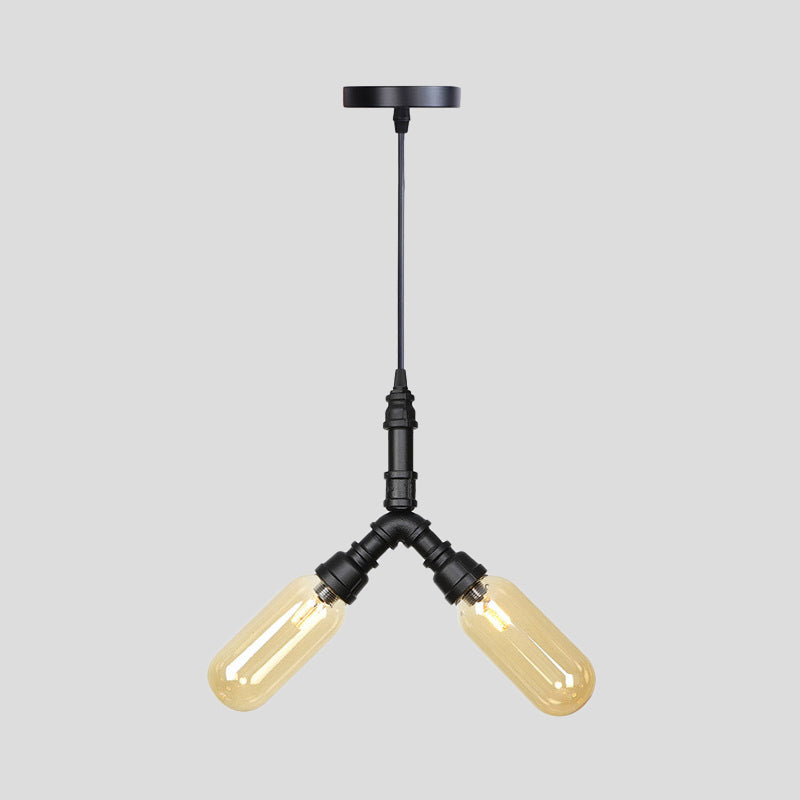 2 Bulbs Ceiling Chandelier Industrial Coffee House Suspension Lamp with Globe/Capsule Amber Glass Shade in Black Clearhalo 'Ceiling Lights' 'Chandeliers' 'Glass shade' 'Glass' 'Industrial Chandeliers' 'Industrial' 'Middle Century Chandeliers' 'Tiffany' Lighting' 737508