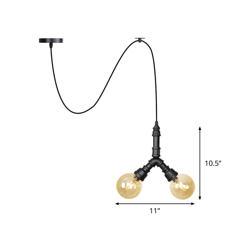 Amber Glass Black Pendant Chandelier Spherical/Capsule 2 Heads Antiqued Suspension Lamp with Swag Design Clearhalo 'Ceiling Lights' 'Chandeliers' 'Glass shade' 'Glass' 'Industrial Chandeliers' 'Industrial' 'Middle Century Chandeliers' 'Pendant Lights' 'Tiffany' Lighting' 737518