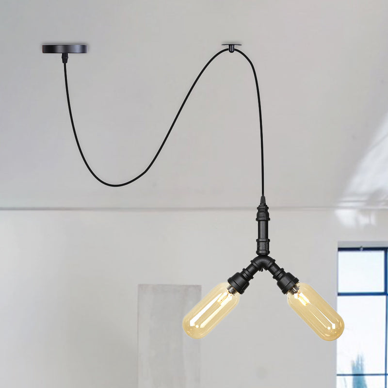 Amber Glass Black Pendant Chandelier Spherical/Capsule 2 Heads Antiqued Suspension Lamp with Swag Design Clearhalo 'Ceiling Lights' 'Chandeliers' 'Glass shade' 'Glass' 'Industrial Chandeliers' 'Industrial' 'Middle Century Chandeliers' 'Pendant Lights' 'Tiffany' Lighting' 737525