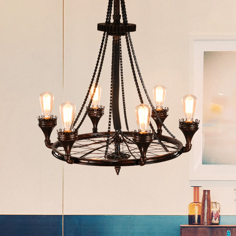 Rust Wheel Chandelier Pendant Light Industrial Metallic 6-Bulb Restaurant Pendulum Lamp with Bicycle Chain Rust Clearhalo 'Cast Iron' 'Ceiling Lights' 'Chandeliers' 'Industrial Chandeliers' 'Industrial' 'Metal' 'Middle Century Chandeliers' 'Rustic Chandeliers' 'Tiffany' Lighting' 737529