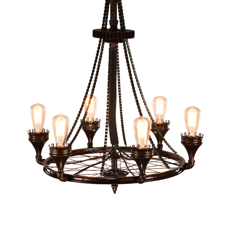 Rust Wheel Chandelier Pendant Light Industrial Metallic 6-Bulb Restaurant Pendulum Lamp with Bicycle Chain Clearhalo 'Cast Iron' 'Ceiling Lights' 'Chandeliers' 'Industrial Chandeliers' 'Industrial' 'Metal' 'Middle Century Chandeliers' 'Rustic Chandeliers' 'Tiffany' Lighting' 737530