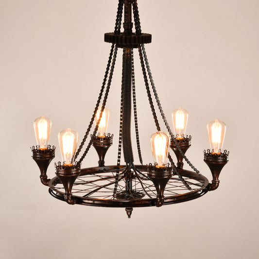 Rust Wheel Chandelier Pendant Light Industrial Metallic 6-Bulb Restaurant Pendulum Lamp with Bicycle Chain Clearhalo 'Cast Iron' 'Ceiling Lights' 'Chandeliers' 'Industrial Chandeliers' 'Industrial' 'Metal' 'Middle Century Chandeliers' 'Rustic Chandeliers' 'Tiffany' Lighting' 737531