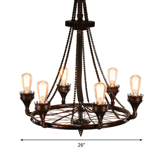 Rust Wheel Chandelier Pendant Light Industrial Metallic 6-Bulb Restaurant Pendulum Lamp with Bicycle Chain Clearhalo 'Cast Iron' 'Ceiling Lights' 'Chandeliers' 'Industrial Chandeliers' 'Industrial' 'Metal' 'Middle Century Chandeliers' 'Rustic Chandeliers' 'Tiffany' Lighting' 737532