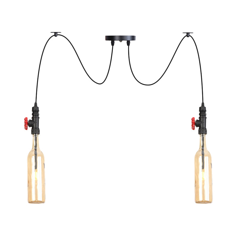 Industrial Bottle Multi Pendant Light 2/3-Head Amber Glass Swag Suspension Lamp in Black Clearhalo 'Ceiling Lights' 'Chandeliers' 'Glass shade' 'Glass' 'Industrial Pendants' 'Industrial' 'Middle Century Pendants' 'Pendant Lights' 'Pendants' 'Tiffany' Lighting' 737534