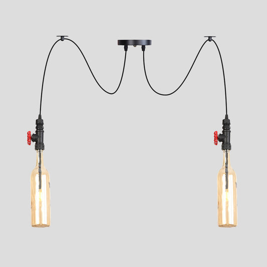 Industrial Bottle Multi Pendant Light 2/3-Head Amber Glass Swag Suspension Lamp in Black Clearhalo 'Ceiling Lights' 'Chandeliers' 'Glass shade' 'Glass' 'Industrial Pendants' 'Industrial' 'Middle Century Pendants' 'Pendant Lights' 'Pendants' 'Tiffany' Lighting' 737535