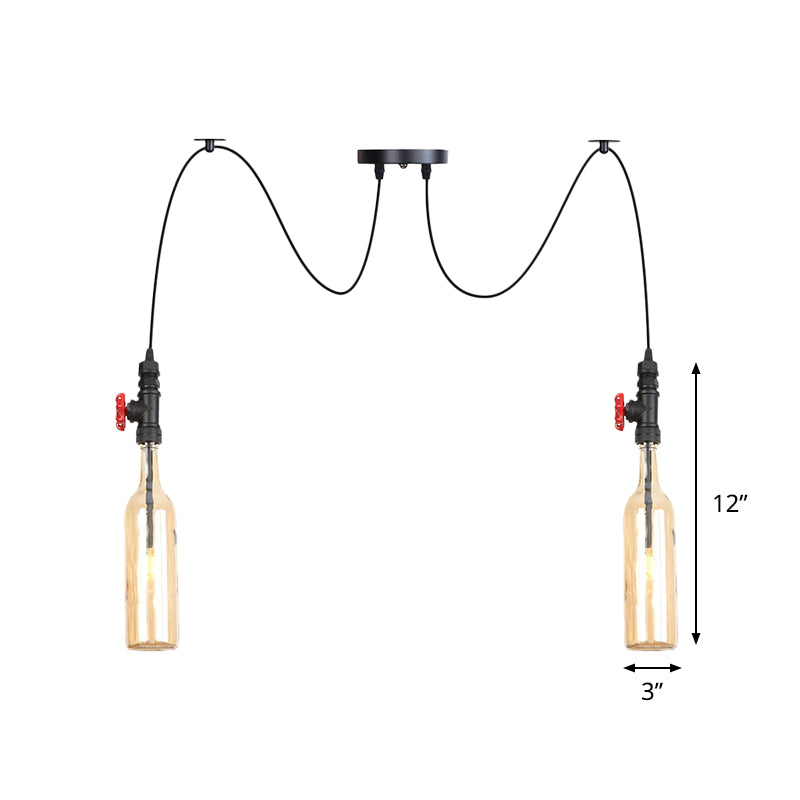 Industrial Bottle Multi Pendant Light 2/3-Head Amber Glass Swag Suspension Lamp in Black Clearhalo 'Ceiling Lights' 'Chandeliers' 'Glass shade' 'Glass' 'Industrial Pendants' 'Industrial' 'Middle Century Pendants' 'Pendant Lights' 'Pendants' 'Tiffany' Lighting' 737536