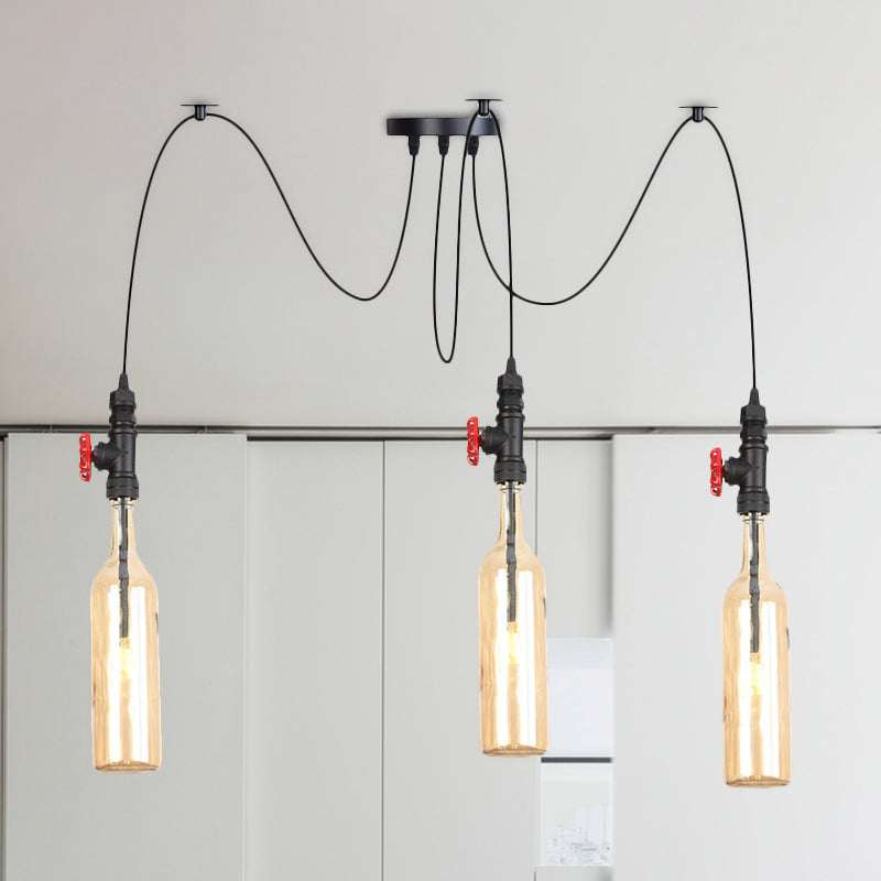 Industrial Bottle Multi Pendant Light 2/3-Head Amber Glass Swag Suspension Lamp in Black 3 Black Clearhalo 'Ceiling Lights' 'Chandeliers' 'Glass shade' 'Glass' 'Industrial Pendants' 'Industrial' 'Middle Century Pendants' 'Pendant Lights' 'Pendants' 'Tiffany' Lighting' 737537
