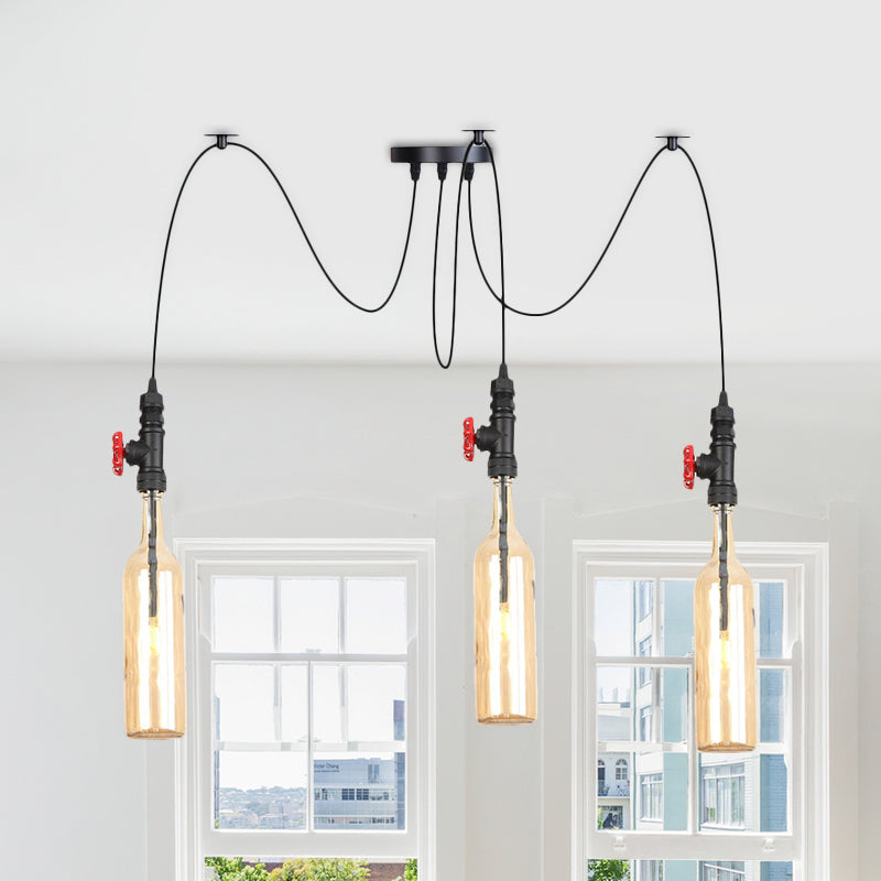 Industrial Bottle Multi Pendant Light 2/3-Head Amber Glass Swag Suspension Lamp in Black Clearhalo 'Ceiling Lights' 'Chandeliers' 'Glass shade' 'Glass' 'Industrial Pendants' 'Industrial' 'Middle Century Pendants' 'Pendant Lights' 'Pendants' 'Tiffany' Lighting' 737538