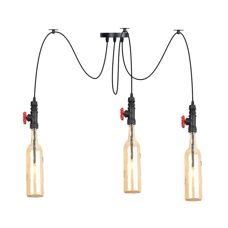 Industrial Bottle Multi Pendant Light 2/3-Head Amber Glass Swag Suspension Lamp in Black Clearhalo 'Ceiling Lights' 'Chandeliers' 'Glass shade' 'Glass' 'Industrial Pendants' 'Industrial' 'Middle Century Pendants' 'Pendant Lights' 'Pendants' 'Tiffany' Lighting' 737539