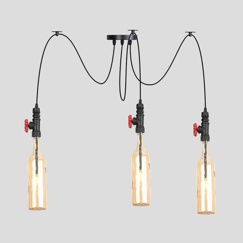 Industrial Bottle Multi Pendant Light 2/3-Head Amber Glass Swag Suspension Lamp in Black Clearhalo 'Ceiling Lights' 'Chandeliers' 'Glass shade' 'Glass' 'Industrial Pendants' 'Industrial' 'Middle Century Pendants' 'Pendant Lights' 'Pendants' 'Tiffany' Lighting' 737540