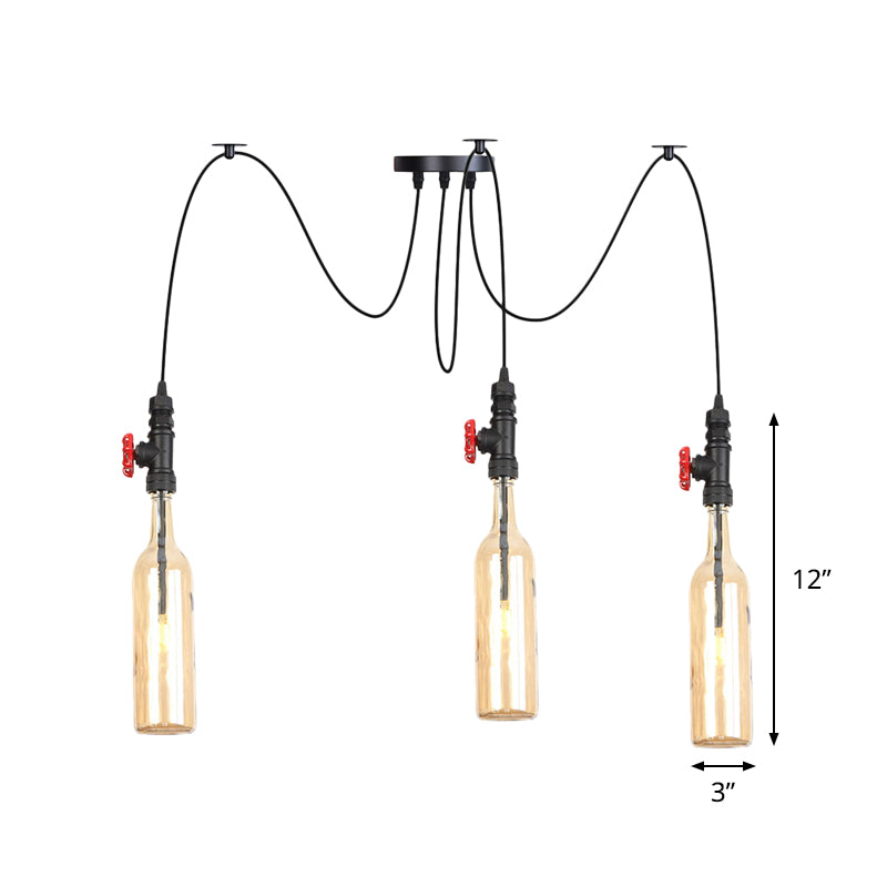 Industrial Bottle Multi Pendant Light 2/3-Head Amber Glass Swag Suspension Lamp in Black Clearhalo 'Ceiling Lights' 'Chandeliers' 'Glass shade' 'Glass' 'Industrial Pendants' 'Industrial' 'Middle Century Pendants' 'Pendant Lights' 'Pendants' 'Tiffany' Lighting' 737541