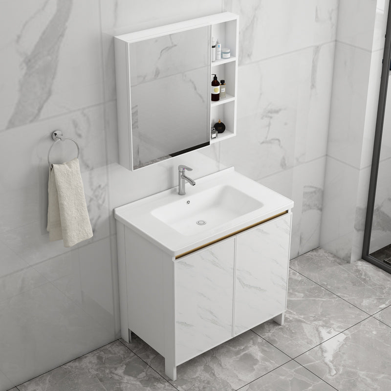 Modern White Metal Base Vanity Single Freestanding Rectangular Sink Vanity Clearhalo 'Bathroom Remodel & Bathroom Fixtures' 'Bathroom Vanities' 'bathroom_vanities' 'Home Improvement' 'home_improvement' 'home_improvement_bathroom_vanities' 7375423