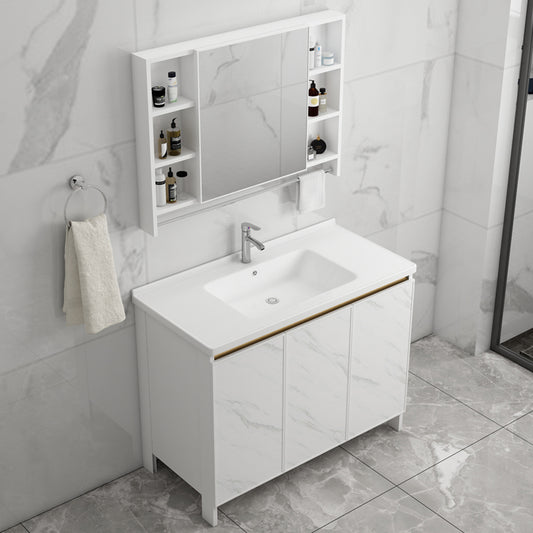 Modern White Metal Base Vanity Single Freestanding Rectangular Sink Vanity Clearhalo 'Bathroom Remodel & Bathroom Fixtures' 'Bathroom Vanities' 'bathroom_vanities' 'Home Improvement' 'home_improvement' 'home_improvement_bathroom_vanities' 7375428