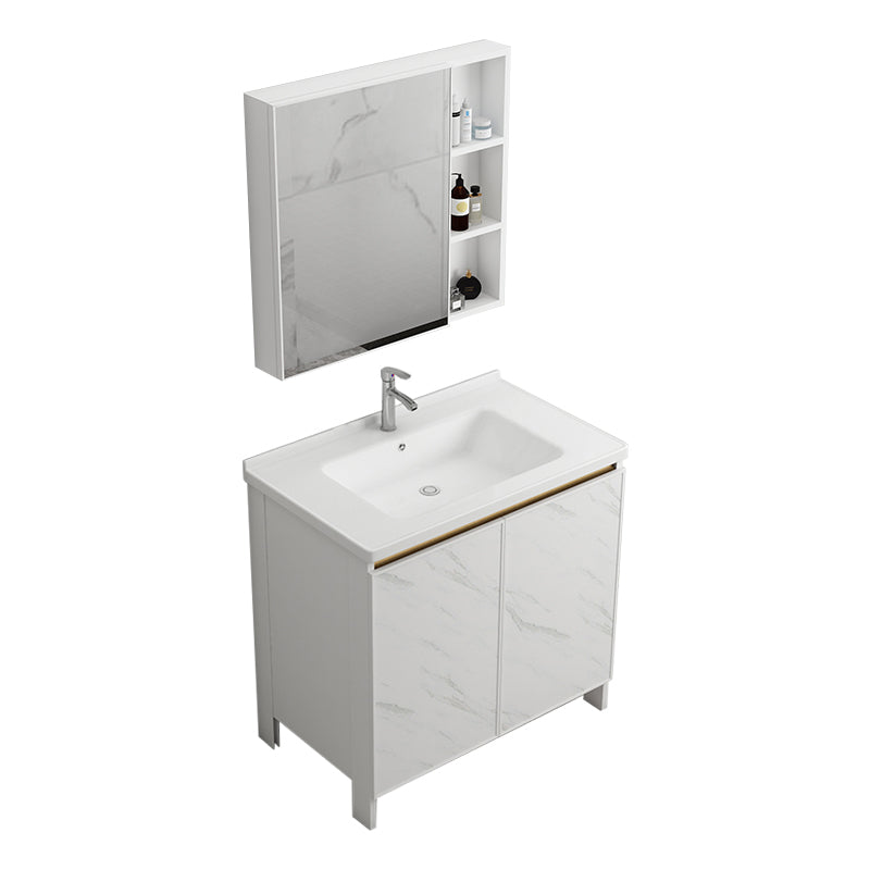 Modern White Metal Base Vanity Single Freestanding Rectangular Sink Vanity Vanity & Faucet & Mirror Cabinet Clearhalo 'Bathroom Remodel & Bathroom Fixtures' 'Bathroom Vanities' 'bathroom_vanities' 'Home Improvement' 'home_improvement' 'home_improvement_bathroom_vanities' 7375444