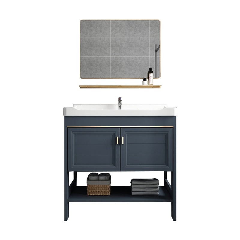 Modern Single Blue Sink Vanity Freestanding Metal Base Bath Vanity Vanity & Faucet & Mirrors Square Mirror Clearhalo 'Bathroom Remodel & Bathroom Fixtures' 'Bathroom Vanities' 'bathroom_vanities' 'Home Improvement' 'home_improvement' 'home_improvement_bathroom_vanities' 7375488