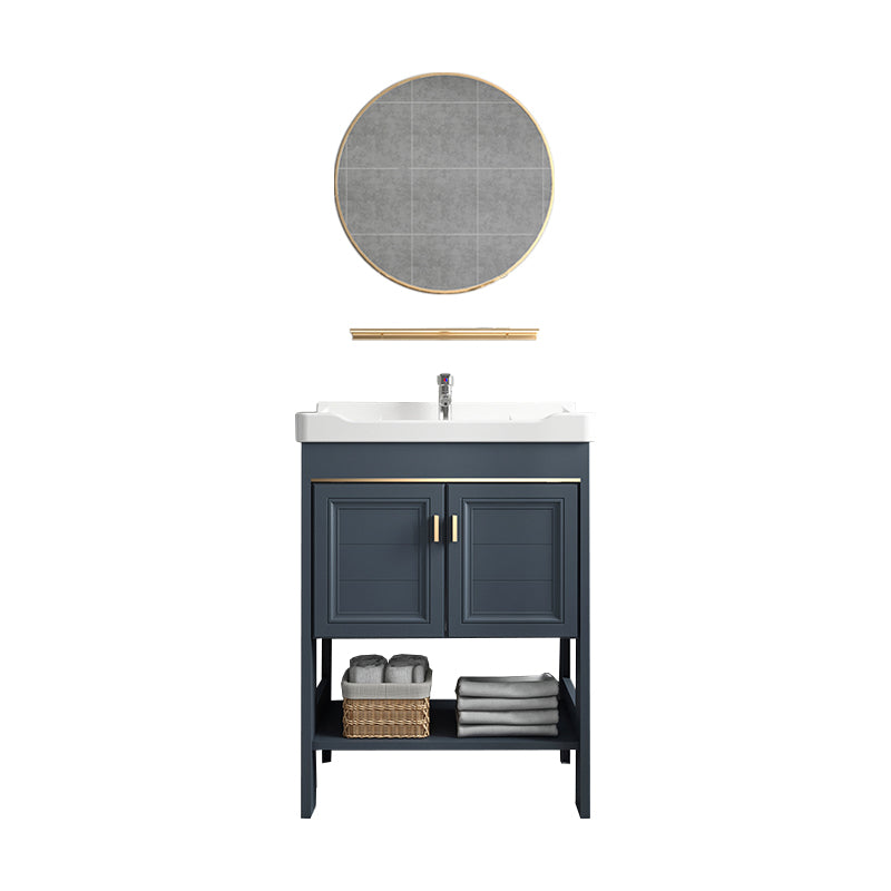 Modern Single Blue Sink Vanity Freestanding Metal Base Bath Vanity Vanity & Faucet & Mirrors 24"L x 16"W x 33"H Round Mirror Clearhalo 'Bathroom Remodel & Bathroom Fixtures' 'Bathroom Vanities' 'bathroom_vanities' 'Home Improvement' 'home_improvement' 'home_improvement_bathroom_vanities' 7375491