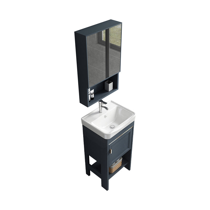 Modern Single Blue Sink Vanity Freestanding Metal Base Bath Vanity Vanity & Faucet & Mirror Cabinet 17"L x 14"W x 33"H Square Mirror Clearhalo 'Bathroom Remodel & Bathroom Fixtures' 'Bathroom Vanities' 'bathroom_vanities' 'Home Improvement' 'home_improvement' 'home_improvement_bathroom_vanities' 7375493