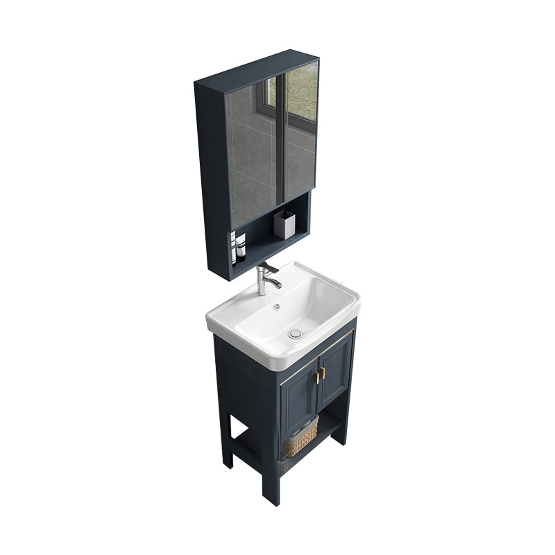 Modern Single Blue Sink Vanity Freestanding Metal Base Bath Vanity Vanity & Faucet & Mirror Cabinet 20"L x 14"W x 33"H Square Mirror Clearhalo 'Bathroom Remodel & Bathroom Fixtures' 'Bathroom Vanities' 'bathroom_vanities' 'Home Improvement' 'home_improvement' 'home_improvement_bathroom_vanities' 7375494