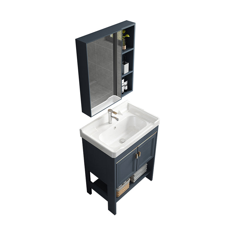 Modern Single Blue Sink Vanity Freestanding Metal Base Bath Vanity Vanity & Faucet & Mirror Cabinet 24"L x 16"W x 33"H Square Mirror Clearhalo 'Bathroom Remodel & Bathroom Fixtures' 'Bathroom Vanities' 'bathroom_vanities' 'Home Improvement' 'home_improvement' 'home_improvement_bathroom_vanities' 7375495