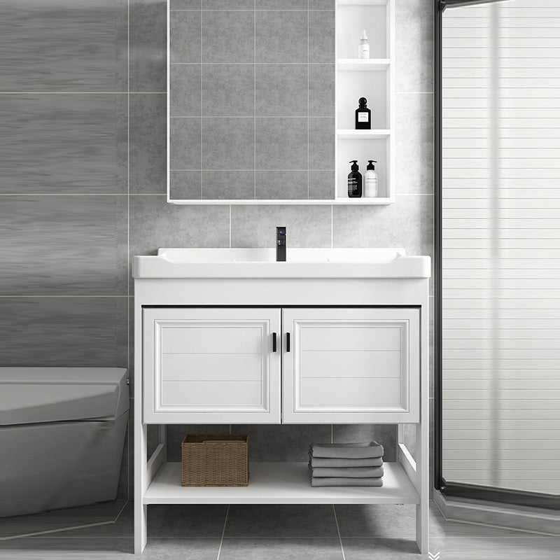 Modern Single Bath Vanity Freestanding White Metal Base Sink Vanity Clearhalo 'Bathroom Remodel & Bathroom Fixtures' 'Bathroom Vanities' 'bathroom_vanities' 'Home Improvement' 'home_improvement' 'home_improvement_bathroom_vanities' 7375525