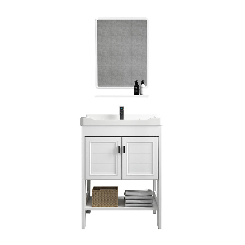 Modern Single Bath Vanity Freestanding White Metal Base Sink Vanity Vanity & Faucet & Mirrors 24"L x 16"W x 33"H Square Mirror Clearhalo 'Bathroom Remodel & Bathroom Fixtures' 'Bathroom Vanities' 'bathroom_vanities' 'Home Improvement' 'home_improvement' 'home_improvement_bathroom_vanities' 7375539