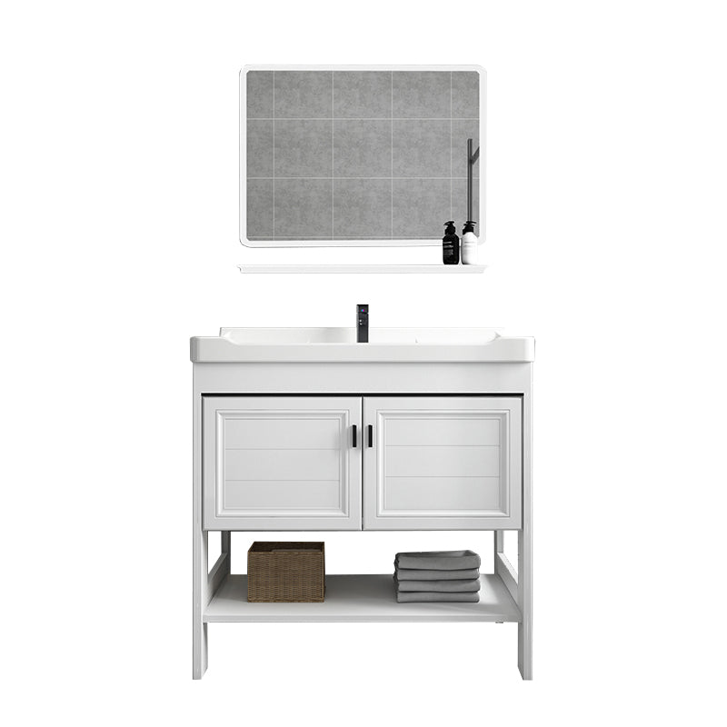 Modern Single Bath Vanity Freestanding White Metal Base Sink Vanity Vanity & Faucet & Mirrors Square Mirror Clearhalo 'Bathroom Remodel & Bathroom Fixtures' 'Bathroom Vanities' 'bathroom_vanities' 'Home Improvement' 'home_improvement' 'home_improvement_bathroom_vanities' 7375540