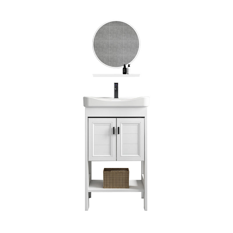 Modern Single Bath Vanity Freestanding White Metal Base Sink Vanity Vanity & Faucet & Mirrors 20"L x 14"W x 33"H Round Mirror Clearhalo 'Bathroom Remodel & Bathroom Fixtures' 'Bathroom Vanities' 'bathroom_vanities' 'Home Improvement' 'home_improvement' 'home_improvement_bathroom_vanities' 7375542