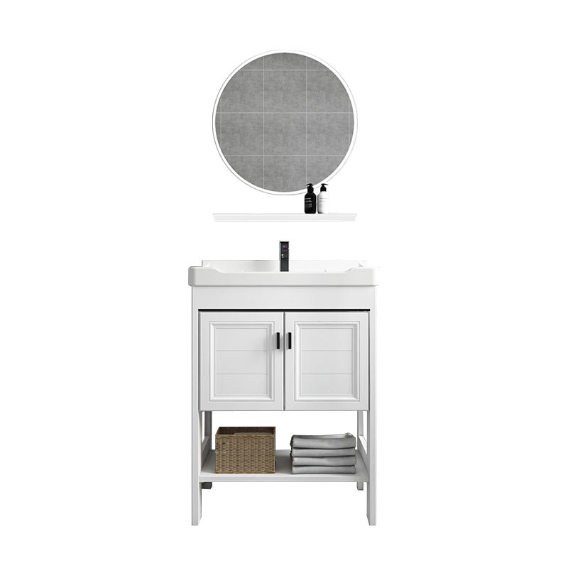 Modern Single Bath Vanity Freestanding White Metal Base Sink Vanity Vanity & Faucet & Mirrors 24"L x 16"W x 33"H Round Mirror Clearhalo 'Bathroom Remodel & Bathroom Fixtures' 'Bathroom Vanities' 'bathroom_vanities' 'Home Improvement' 'home_improvement' 'home_improvement_bathroom_vanities' 7375543