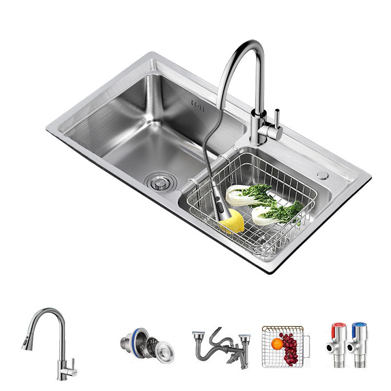 Stainless Steel Kitchen Sink Double Basin Sink with Drain Assembly Sink with Faucet Stainless Steel Pull Out Faucet Clearhalo 'Home Improvement' 'home_improvement' 'home_improvement_kitchen_sinks' 'Kitchen Remodel & Kitchen Fixtures' 'Kitchen Sinks & Faucet Components' 'Kitchen Sinks' 'kitchen_sinks' 7375929