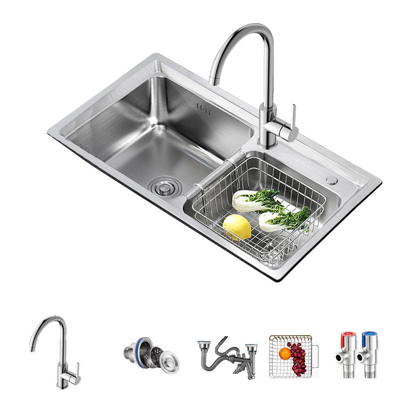Stainless Steel Kitchen Sink Double Basin Sink with Drain Assembly Sink with Faucet Stainless Steel Elbow Faucet Clearhalo 'Home Improvement' 'home_improvement' 'home_improvement_kitchen_sinks' 'Kitchen Remodel & Kitchen Fixtures' 'Kitchen Sinks & Faucet Components' 'Kitchen Sinks' 'kitchen_sinks' 7375931