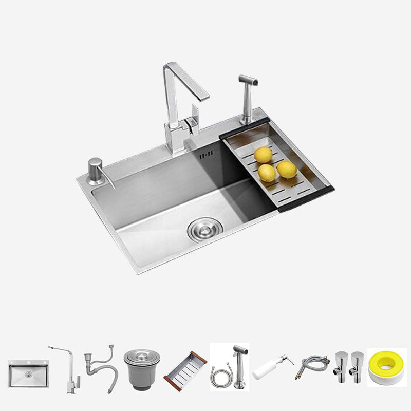 Single Bowl Kitchen Sink Stainless Steel Kitchen Sink with Strainer Sink with Faucet Square Faucet & Spray Gun Clearhalo 'Home Improvement' 'home_improvement' 'home_improvement_kitchen_sinks' 'Kitchen Remodel & Kitchen Fixtures' 'Kitchen Sinks & Faucet Components' 'Kitchen Sinks' 'kitchen_sinks' 7375949