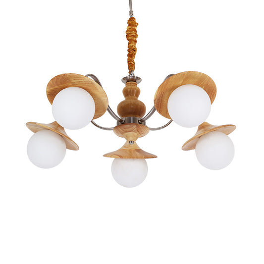 Modern Flared Chandelier Wood 5 Bulbs Restaurant Hanging Light Kit with Ball Cream Glass Shade Clearhalo 'Carpenter Chandeliers' 'Ceiling Lights' 'Chandeliers' 'Industrial' 'Modern Chandeliers' 'Modern' Lighting' 737594