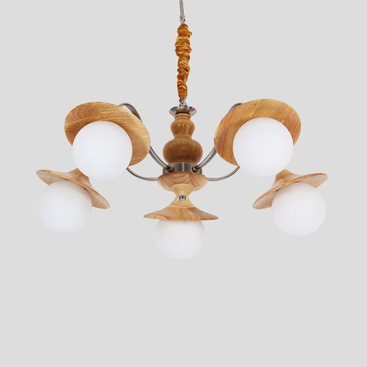 Modern Flared Chandelier Wood 5 Bulbs Restaurant Hanging Light Kit with Ball Cream Glass Shade Clearhalo 'Carpenter Chandeliers' 'Ceiling Lights' 'Chandeliers' 'Industrial' 'Modern Chandeliers' 'Modern' Lighting' 737595
