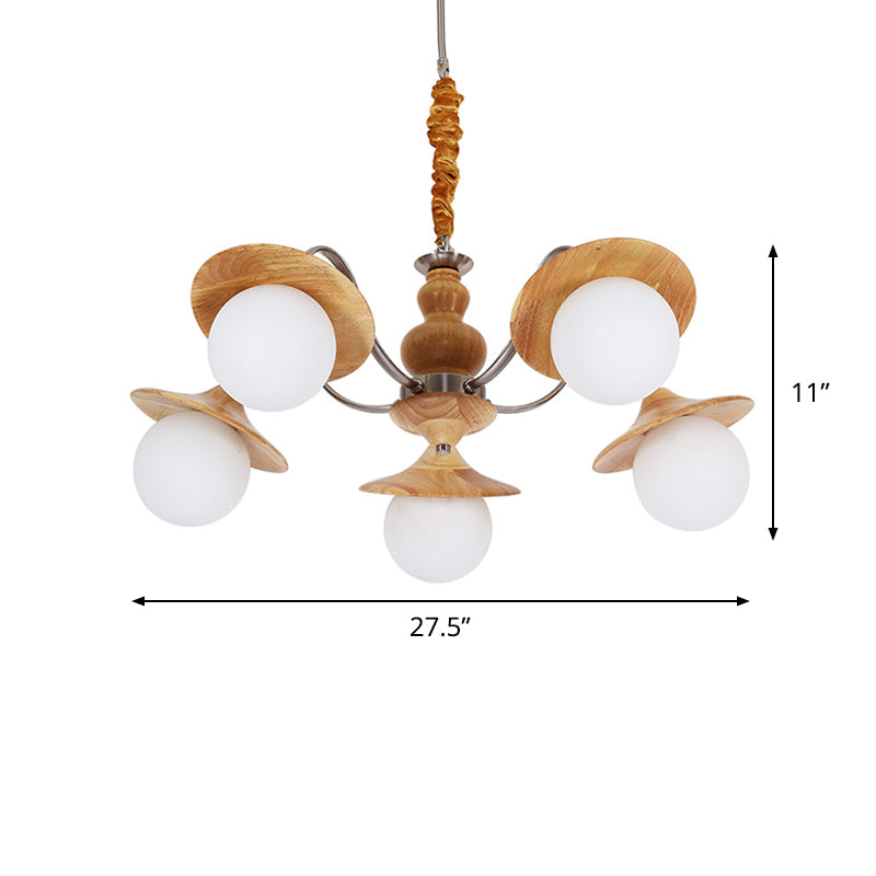 Modern Flared Chandelier Wood 5 Bulbs Restaurant Hanging Light Kit with Ball Cream Glass Shade Clearhalo 'Carpenter Chandeliers' 'Ceiling Lights' 'Chandeliers' 'Industrial' 'Modern Chandeliers' 'Modern' Lighting' 737596
