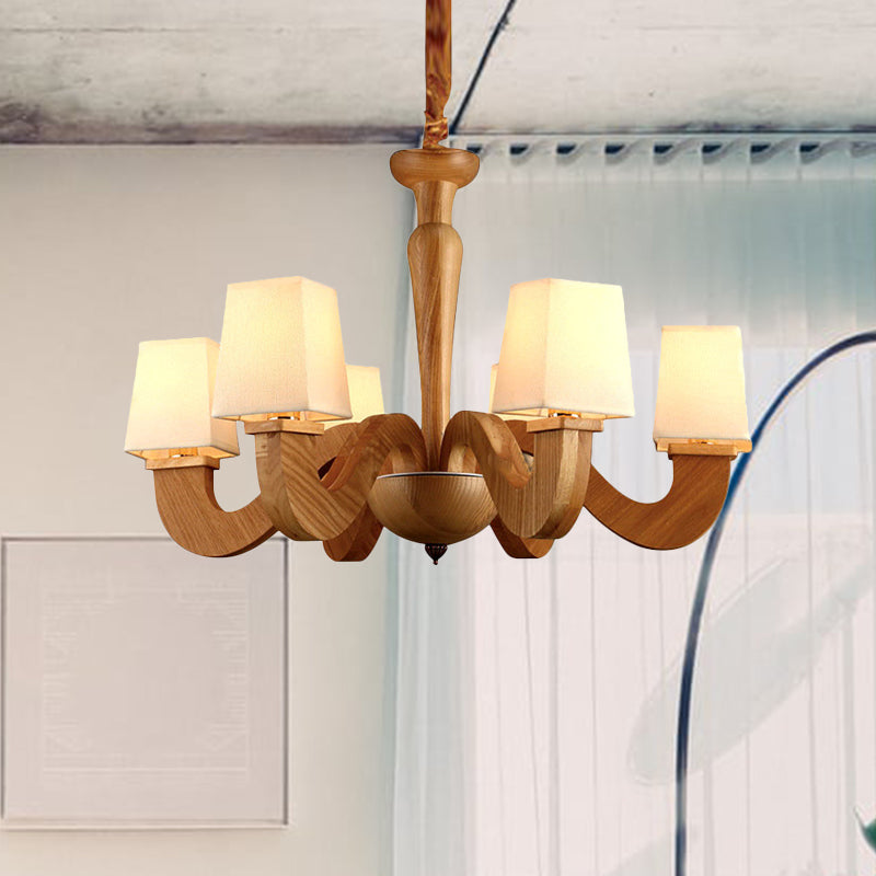 Wood Curved Arm Hanging Chandelier Modernism 6 Heads Ceiling Lamp with Trapezoid Fabric Shade Wood Clearhalo 'Carpenter Chandeliers' 'Ceiling Lights' 'Chandeliers' 'Industrial' 'Modern Chandeliers' 'Modern' Lighting' 737597