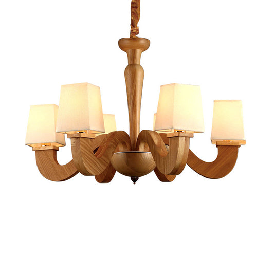 Wood Curved Arm Hanging Chandelier Modernism 6 Heads Ceiling Lamp with Trapezoid Fabric Shade Clearhalo 'Carpenter Chandeliers' 'Ceiling Lights' 'Chandeliers' 'Industrial' 'Modern Chandeliers' 'Modern' Lighting' 737598