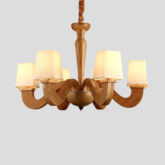 Wood Curved Arm Hanging Chandelier Modernism 6 Heads Ceiling Lamp with Trapezoid Fabric Shade Clearhalo 'Carpenter Chandeliers' 'Ceiling Lights' 'Chandeliers' 'Industrial' 'Modern Chandeliers' 'Modern' Lighting' 737599