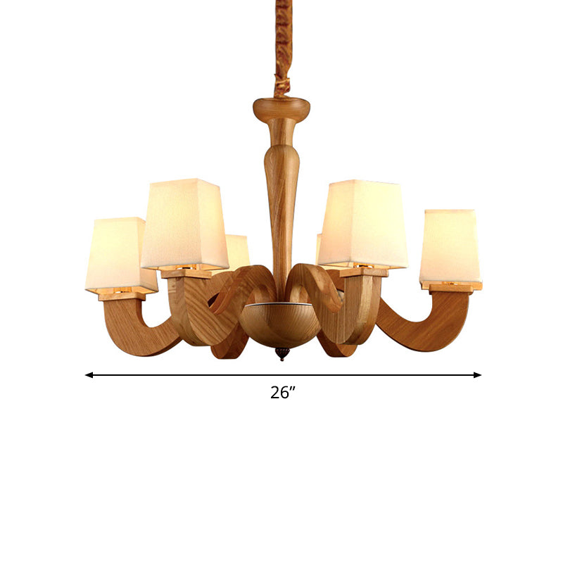 Wood Curved Arm Hanging Chandelier Modernism 6 Heads Ceiling Lamp with Trapezoid Fabric Shade Clearhalo 'Carpenter Chandeliers' 'Ceiling Lights' 'Chandeliers' 'Industrial' 'Modern Chandeliers' 'Modern' Lighting' 737600