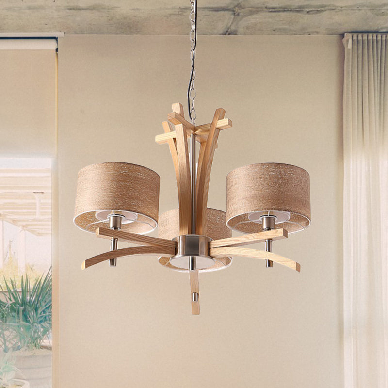 Beige Radial Ceiling Chandelier Modernist 3/6 Lights Wood Suspended Pendant Lamp with Shade 3 Wood Clearhalo 'Carpenter Chandeliers' 'Ceiling Lights' 'Chandeliers' 'Industrial' 'Modern Chandeliers' 'Modern' Lighting' 737601