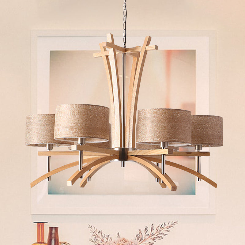 Beige Radial Ceiling Chandelier Modernist 3/6 Lights Wood Suspended Pendant Lamp with Shade 6 Wood Clearhalo 'Carpenter Chandeliers' 'Ceiling Lights' 'Chandeliers' 'Industrial' 'Modern Chandeliers' 'Modern' Lighting' 737605