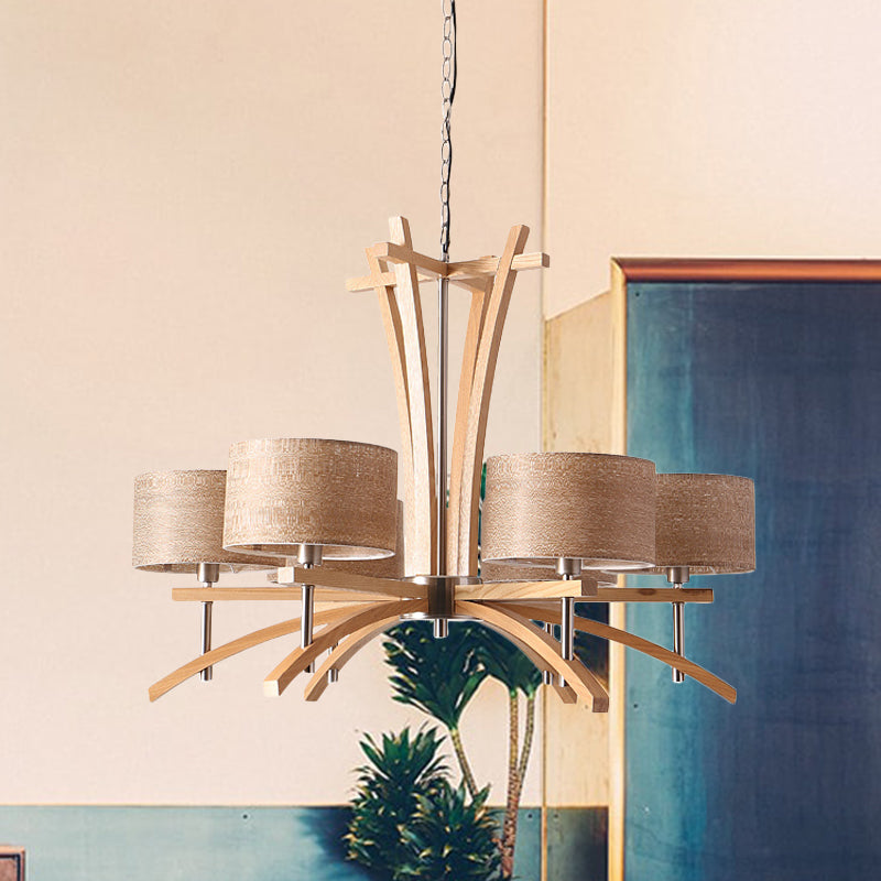 Beige Radial Ceiling Chandelier Modernist 3/6 Lights Wood Suspended Pendant Lamp with Shade Clearhalo 'Carpenter Chandeliers' 'Ceiling Lights' 'Chandeliers' 'Industrial' 'Modern Chandeliers' 'Modern' Lighting' 737606