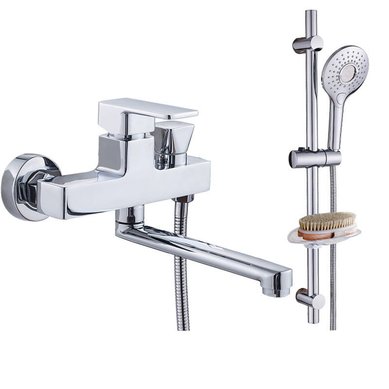 Chrome Polished Bathroom Faucet Wall Mount Swivel Spout with Handheld Shower Button Round Shower Risers Included Clearhalo 'Bathroom Remodel & Bathroom Fixtures' 'Bathtub Faucets' 'bathtub_faucets' 'Home Improvement' 'home_improvement' 'home_improvement_bathtub_faucets' 7376081