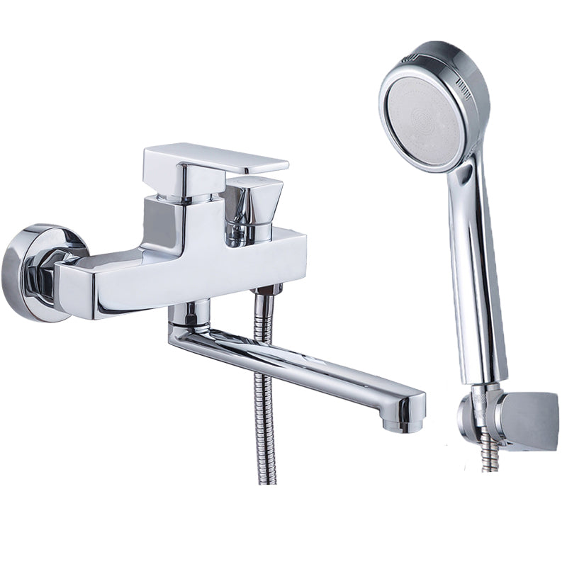Chrome Polished Bathroom Faucet Wall Mount Swivel Spout with Handheld Shower Pressurized Shower Head Risers Not Included Clearhalo 'Bathroom Remodel & Bathroom Fixtures' 'Bathtub Faucets' 'bathtub_faucets' 'Home Improvement' 'home_improvement' 'home_improvement_bathtub_faucets' 7376083