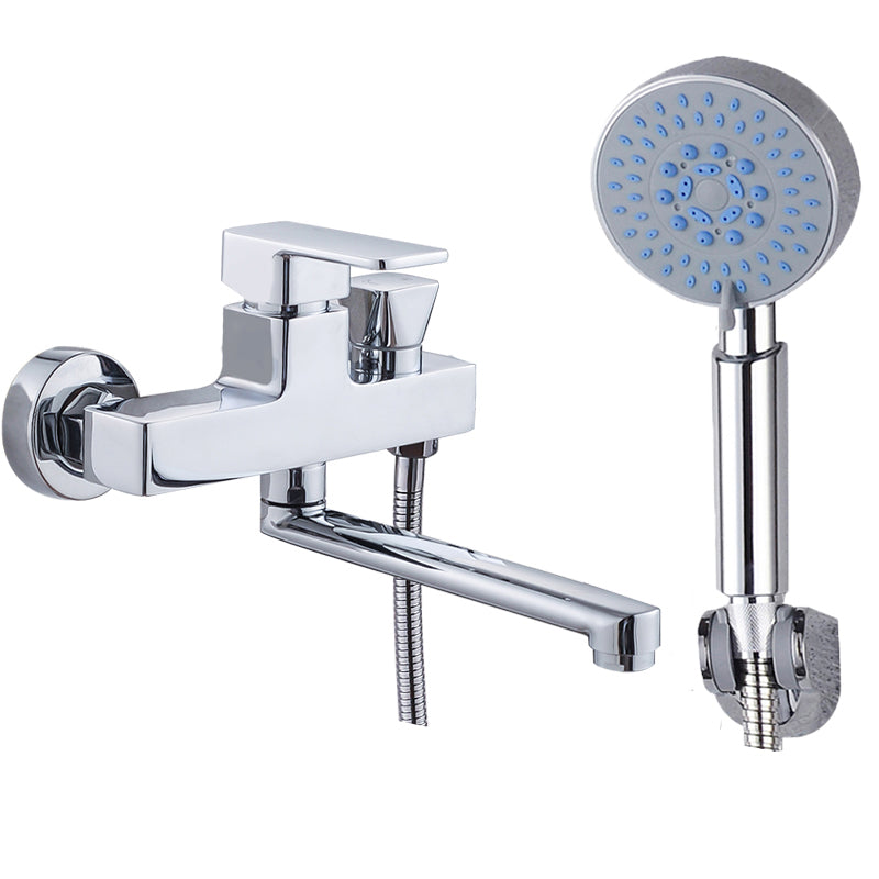 Chrome Polished Bathroom Faucet Wall Mount Swivel Spout with Handheld Shower Circle Shower Head Risers Not Included Clearhalo 'Bathroom Remodel & Bathroom Fixtures' 'Bathtub Faucets' 'bathtub_faucets' 'Home Improvement' 'home_improvement' 'home_improvement_bathtub_faucets' 7376084