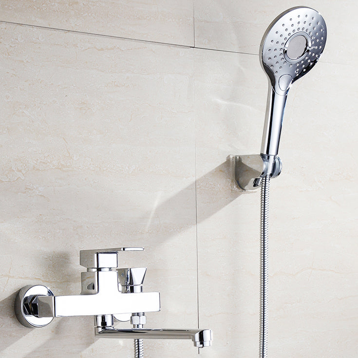 Chrome Polished Bathroom Faucet Wall Mount Swivel Spout with Handheld Shower Clearhalo 'Bathroom Remodel & Bathroom Fixtures' 'Bathtub Faucets' 'bathtub_faucets' 'Home Improvement' 'home_improvement' 'home_improvement_bathtub_faucets' 7376085